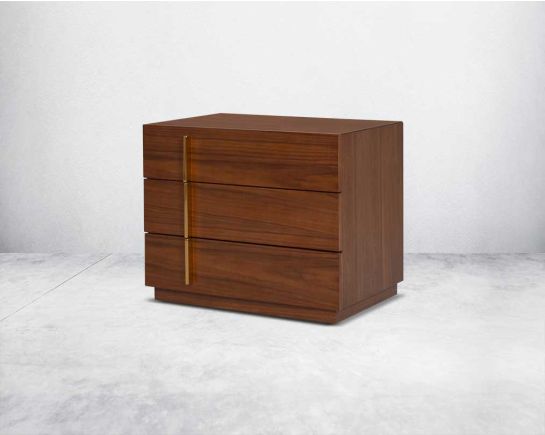 this eye-catching bedside table, constructed from light walnut veneer with three drawers & gold-finished stainless steel handles.