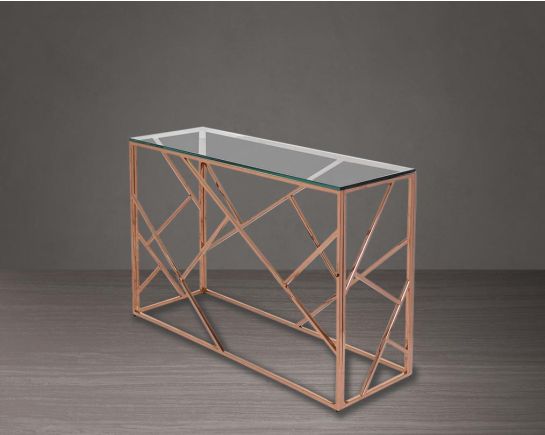 Console table with clear glass top and rose gold plated stainless steel frame in sleek contemporary design side view
