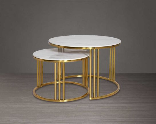 Round coffee & end table with glossy sintered stone top and glossy gold plated stainless steel base in a geometric design.