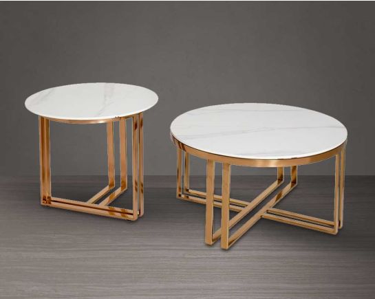 Round coffee & end table with glossy sintered stone top and glossy rose gold plated stainless steel base in a geometric design