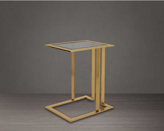 End table with clear tempered glass and base with gold plated stainless steel frame side view