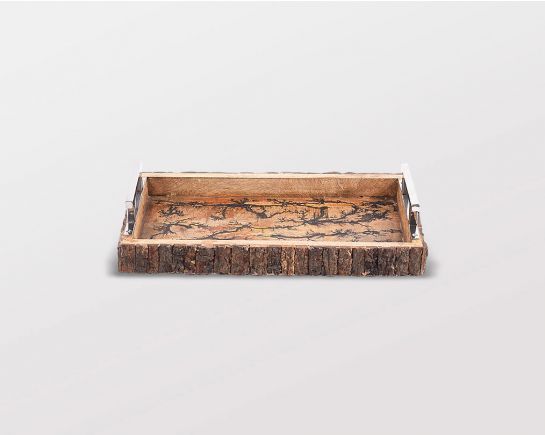 Rectangular tray in rustic natural wood, with stainless steel handle small