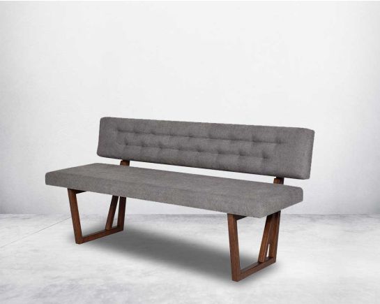 Double bench in walnut with seat and back upholstered & quilted in fabric.