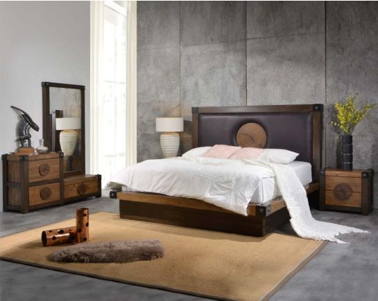 High back bed in king size in wood & oak veneer with upholstered back in faux leather, with storage.
Bedside table in wood & oak veneer with two drawers Dresser in wood & oak veneer with 3 drawers and a mirror.