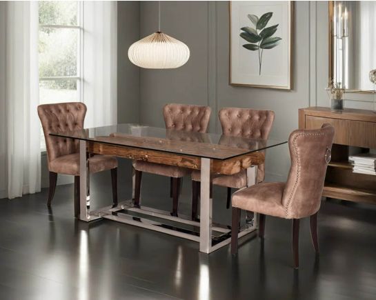 6 & 8 seater rectangle dining table with dining chair clear glass & sleeper wood logs which has been recycled from railway tracks in a rustic and natural finish with stainless steel base.