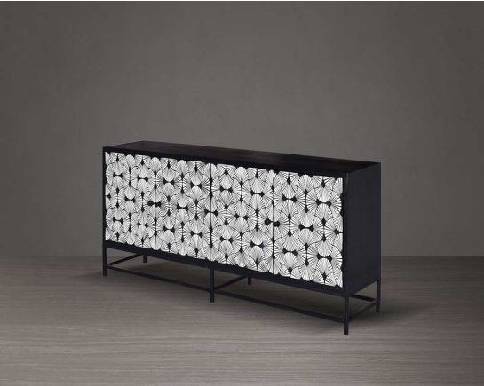 This gorgeous black and white inlay sideboard/buffet in floral pattern with a black matt wooden top & black metal base with storage is a perfect statement piece in your living room. It is a masterwork in inlay in an elaborate pattern.