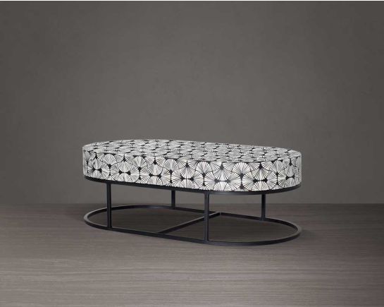 This gorgeous black and white inlay coffee table in floral pattern with a black metal base is a perfect statement piece in your living room. It is a masterwork in inlay in an elaborate pattern.