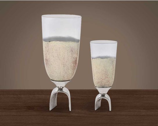 Glass vase in grey lustre glass and aluminium decorative base