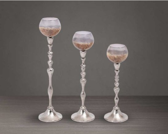 Silver grey lustre glass aluminium goblet t-lite holder-1 large 2 medium 3 small