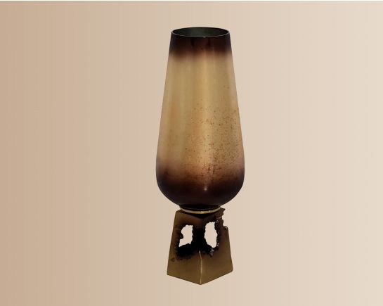 Vase in champagne & bronze luster glass and antique gold aluminum decorative base.
