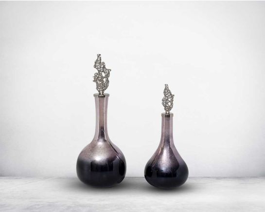 Decorative bottle in dewberry luster glass with ornamental aluminium lid 1 large 2 small