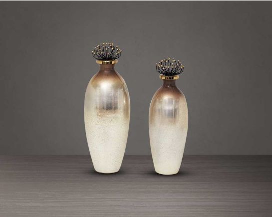 Decorative bottle in champagne & black busanga luster glass with ornamental aluminum lid. 1bottle large 2bottle small