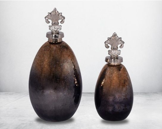 Decorative bottle in grey and gold lustre glass with ornamental aluminium lid