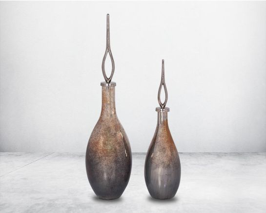 Decorative bottle in ocean grey glass with aluminium decorative lid 1bottle big and 2 bottle small