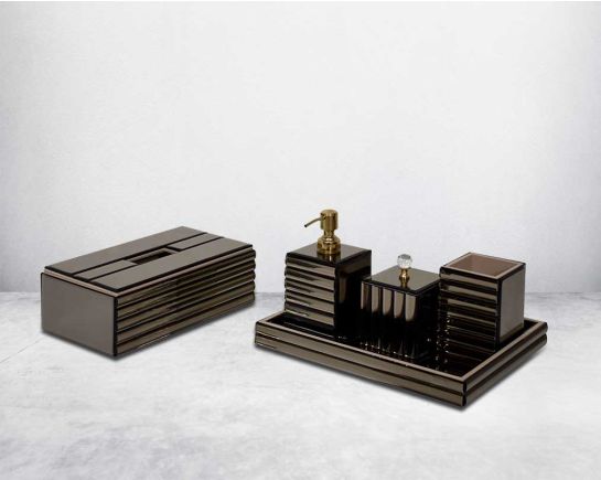 These beautiful & functional design bathroom accessories in brown moulding glass set harmonise with most styles and are perfect if you are looking to do a bathroom makeover. This accessories set comprises of lotion dispenser/tbh/cotton jar tray & tissue b