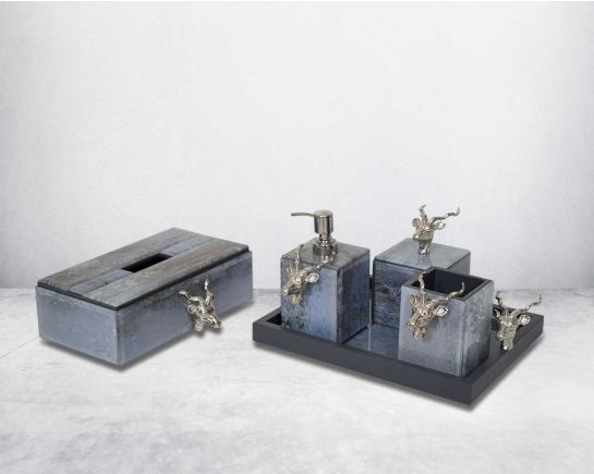This glossy grey marble design bathroom accessories set comprises a lotion dispenser/tbh/cotton jar tray & tissue box with a deer knob. Glass liquid dispensers and hand wash dispensers are sleek and modern, offering a more minimalist look.