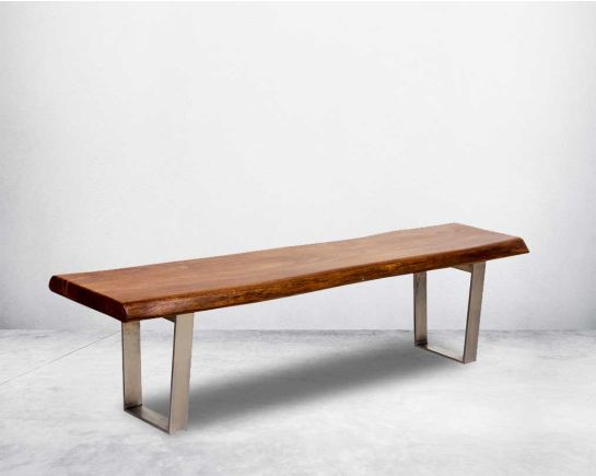 2 seater bench in solid acacia wood in light walnut with nickel coated stainless steel base in a glossy finish.
