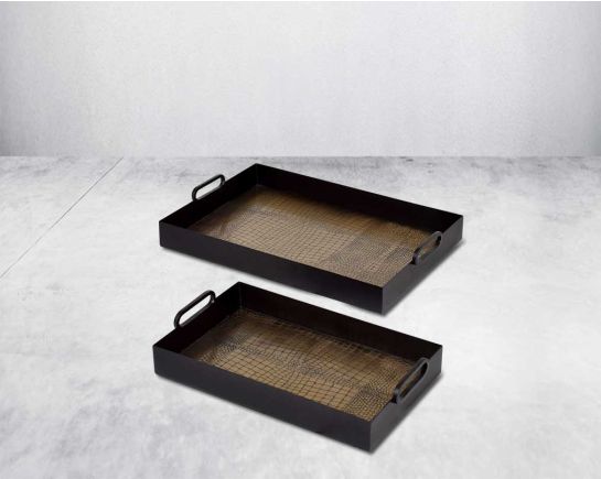 Rectangular tray in croc etched design in matt antique brass finished base with matt black frame and handles.