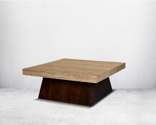 This stylish square coffee table is an embodiment of rustic luxury. It is cast in travertine Italian marble with a wooden conical base side view