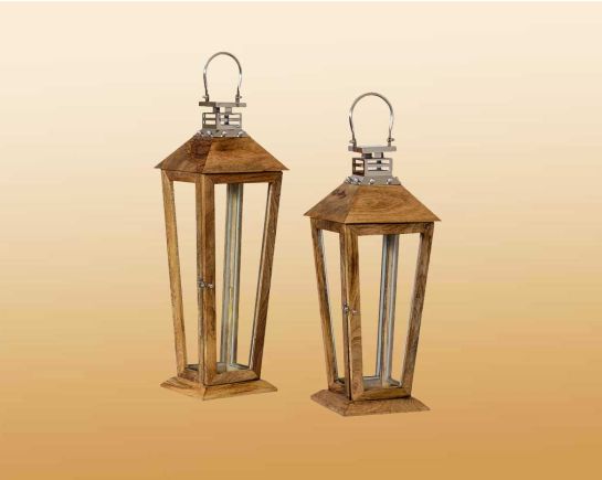Lantern in mango wood, clear glass and stainless steel - 1 large 2 small