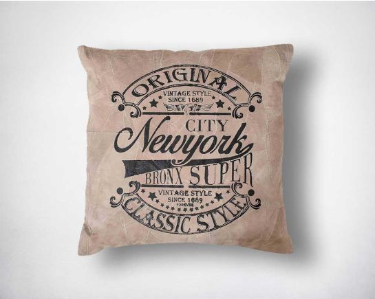 Sand recycled suede leather cushion with print.