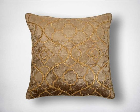 Gold poly silk embroidered cushion.