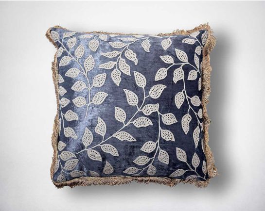 Beige & grey with felt fringes embroidered poly silk cushion with front view