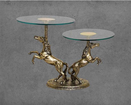 This vintage two-tier end table in antique gold finish Aluminium base