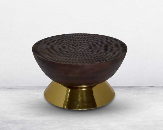 This stunning hourglass/ drum-shaped coffee & end table made in eye-catching hammered wooden