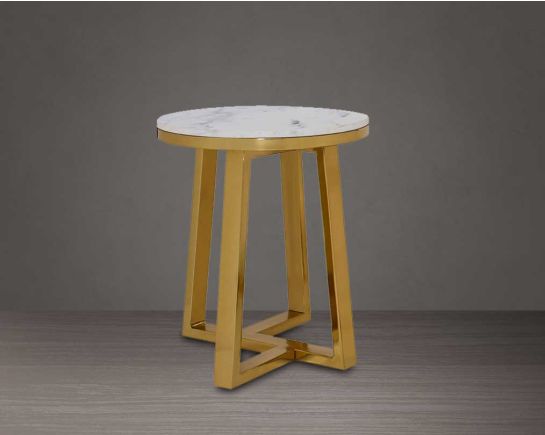 Round end table with natural marble top and titanium gold plated stainless