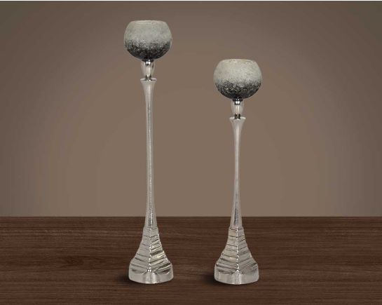 Pillar goblet candle holder in white & grey lustre glass with nickel-plated textured aluminum decorative base.