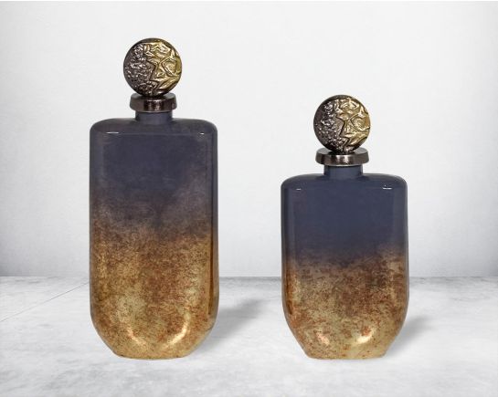 Modern decorative bottle features a gold lustre glass in bud-shaped with a round textured aluminum lid, in an antique nickel finish 1 large 2 small