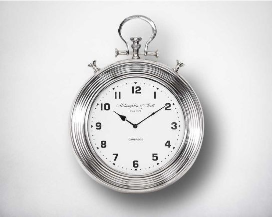 Round wall clock in nickel.