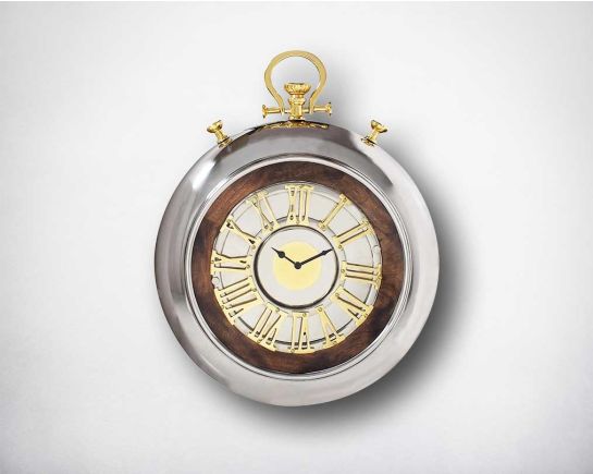 Round wall clock in aluminium and wood in brass & silver polish with roman numerals.