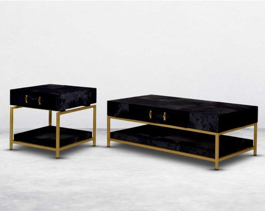 Coffee table with low height in black hair on and base in suede. The table has 1 drawer with frame & legs in stainless steel matt gold finish.