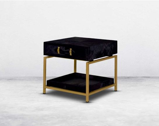 End table with low height in black hair on and base in suede with side view