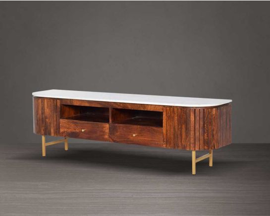 TV Unit in solid wood with matt walnut finish & white marble top and high polished gold plated stainless steel base.