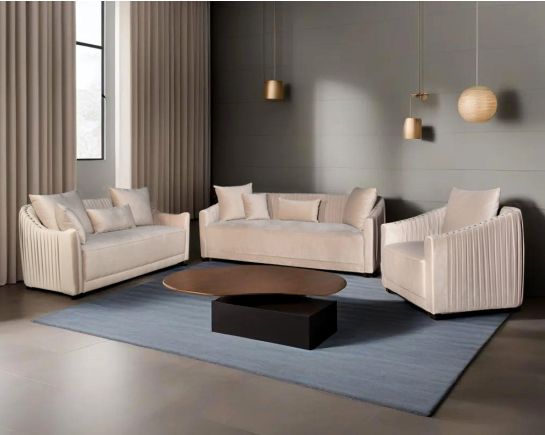 This 3+2+1 sofa is a sensory experience of luxurious relaxation and esoteric design. With a curvilinear silhouette, it features rich fabric upholstery on wooden frame conjuring the right sensations of comfort and inevitable luxury.
