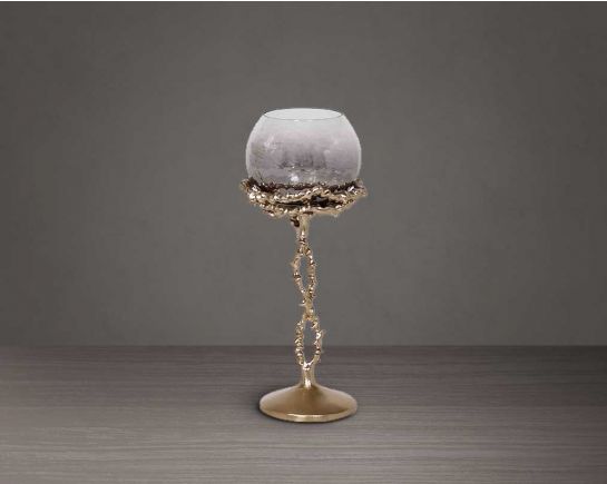 Pillar goblet candle holder in textured black & grey luster glass with gold finished aluminum decorative base. small