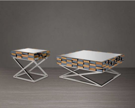 Coffee table with a transparent glass top, a mirror in shades of grey and tawny, and highly polished, cross-shaped stainless steel legs. End table with a transparent glass top, a mirror in shades of grey and tawny, and highly polished, cross-shaped stainl