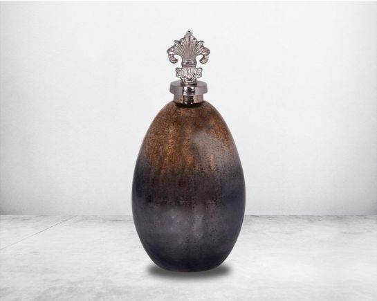 Decorative bottle in grey and gold lustre glass with ornamental aluminium lid