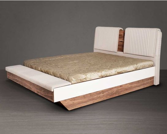 High back bed in king size upholstered in faux leather with hydraulic lift storage in light walnut base.