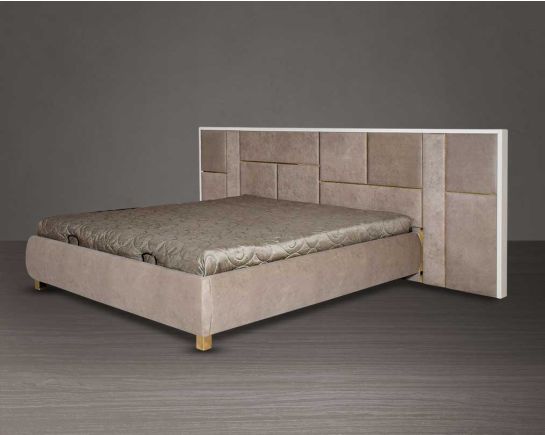 This elegant king bed comes with a high gloss grey lacquered border can be found all along with a fabric upholstered headboard with hydraulic lift storage