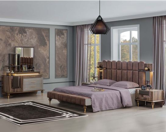 This beautiful art deco stylish bed features a high headboard upholstered in fabric & a grey glossy finish with mirrors & shelves on both sides.