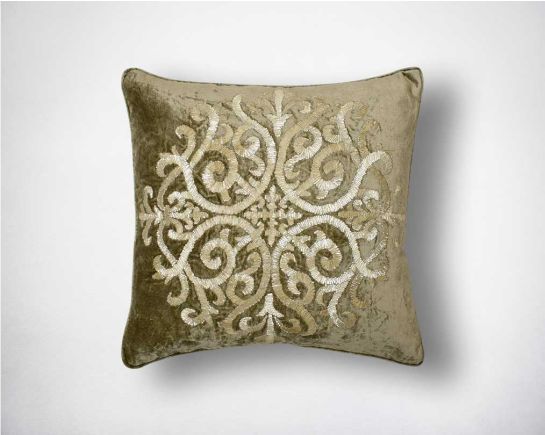 Gold and silver velvet poly silk embroidered cushion.