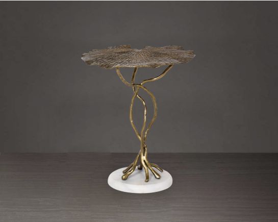 End table with leaf motif in an antique gold-finished aluminum with marble base.