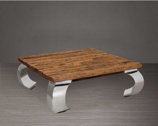 Coffee table with sleeper wood top which has been recycled from railway tracks in a rustic and natural finish with stainless steel base.