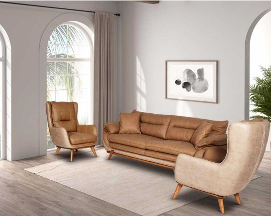 peculiar design, A 3+2+1 seater sofa with brown wooden legs is a modern classic design This elegant sofa shares a magical combination with a two-toned fabric sofa feature, a complete solid wooden frame with minute curved detailing.