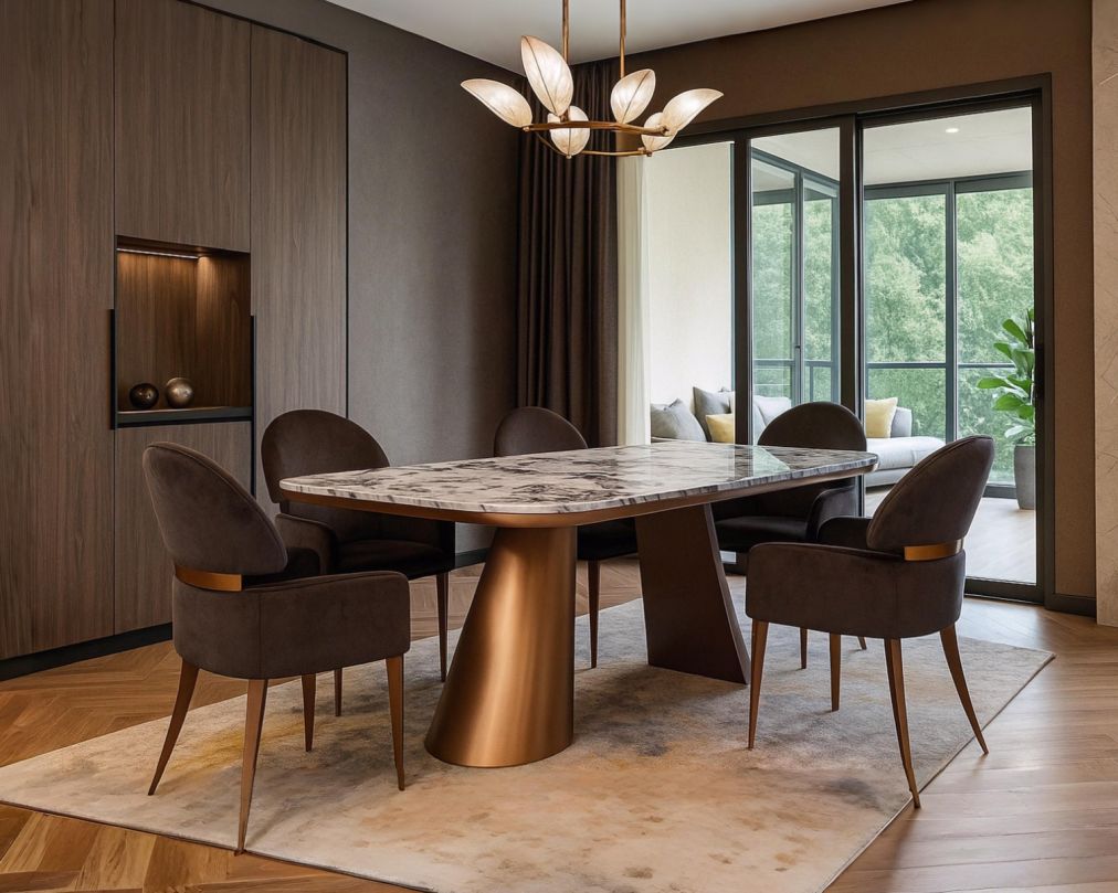 Melosa Rose Gold 6 & 8 Seater Marble Dining Table With Ristra Fabric Rose Gold Dining Chair