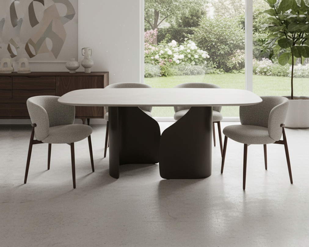 Pazia 8 Seater Marble Dining Table With Acela Fabric Dining Chair